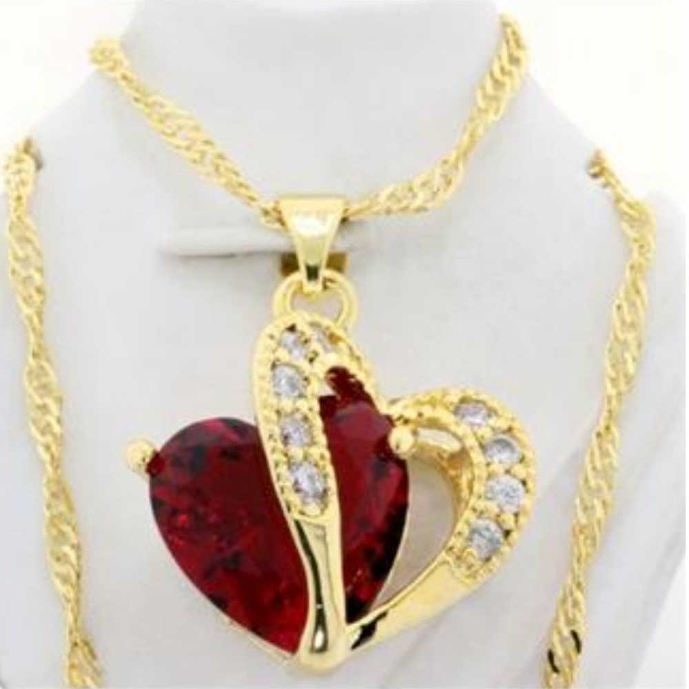 Red Ruby & White Topaz 18k Yellow Gold Filled Necklace
